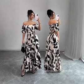 2025欧美风女装气质性感镂空腰饰印花短袖长款大摆连衣裙气质优雅