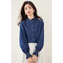 韩版设计感牛仔衬衫女2025秋装新款长袖宽松立领复古通勤叠穿上衣