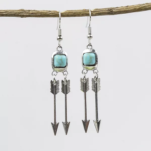 Amazon's New Old Antique Silver Irregular Turquoise Pendant Feather Arrow Earrings Creative Retro Ear Jewelry