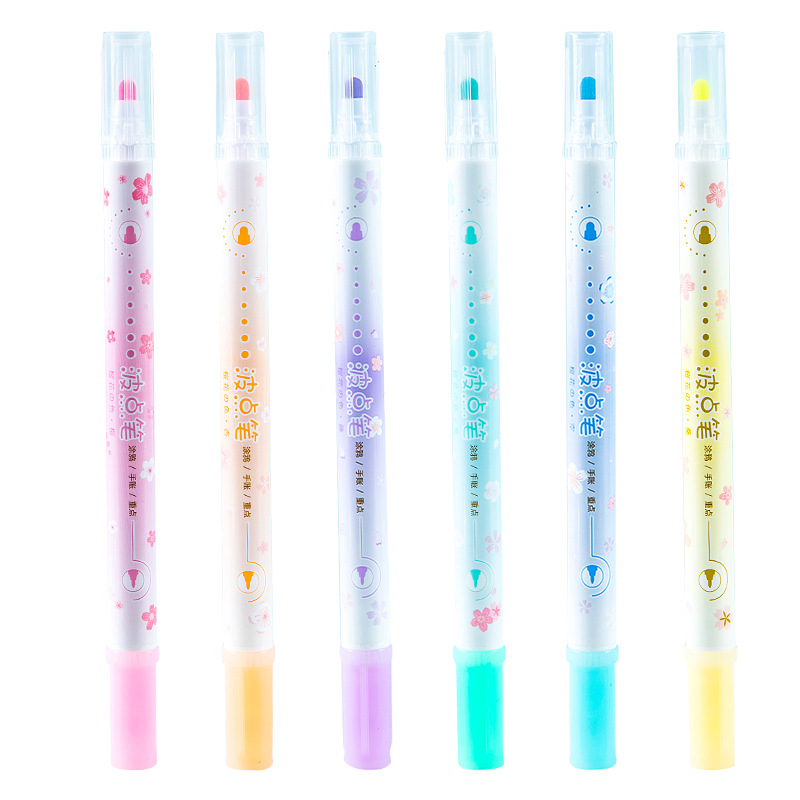 HD35-6 de 6 colores de doble cabeza resaltador creativo de dibujos animados flor de cerezo Polka Dot pen DIY diario pluma marcado pintura pluma