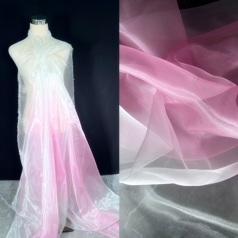 水蓝色渐变硬挺水光纱亮光黑蓝色渐变欧根纱布料透明汉服装面料