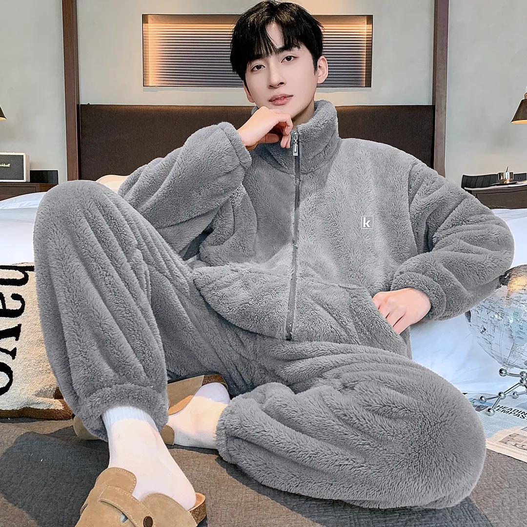 Warm Men's Pajamas, Home Clothes Set, Loose Plush Winter Style, Autumn and Winter Thickened Home Clothes, Korean Style Casual and Simple