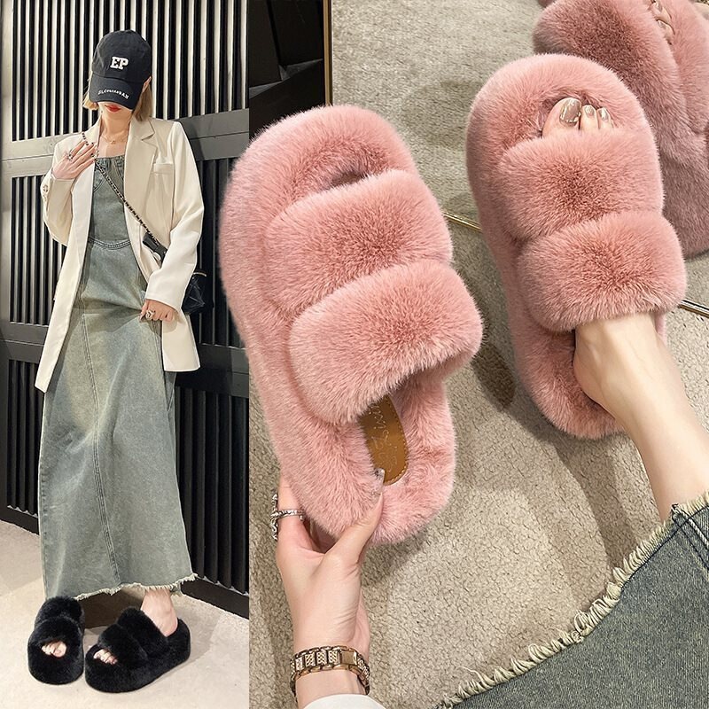 Height-increasing fluffy cotton platform slippers for women, suitable for outdoor wear, thick-soled, new model for home use, spring and autumn 2025, plush for petite individuals Height-increasing fluffy cotton platform slippers for women, suitable for outdoor wear, thick-soled, new model for home use, spring and autumn 2025, plush for petite individuals