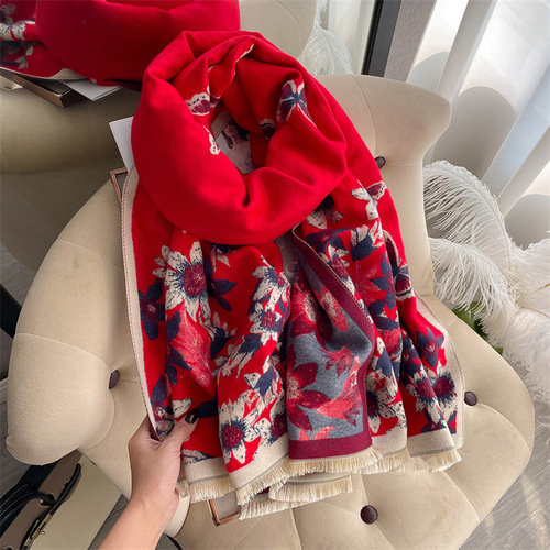 Elegant socialite butterfly flower print scarf for women thickened warm imitation cashmere scarf double-sided versatile shawl