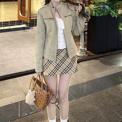 槿一 立领做旧美式复古短款牛仔外套女早秋新款正肩夹克上衣潮流
