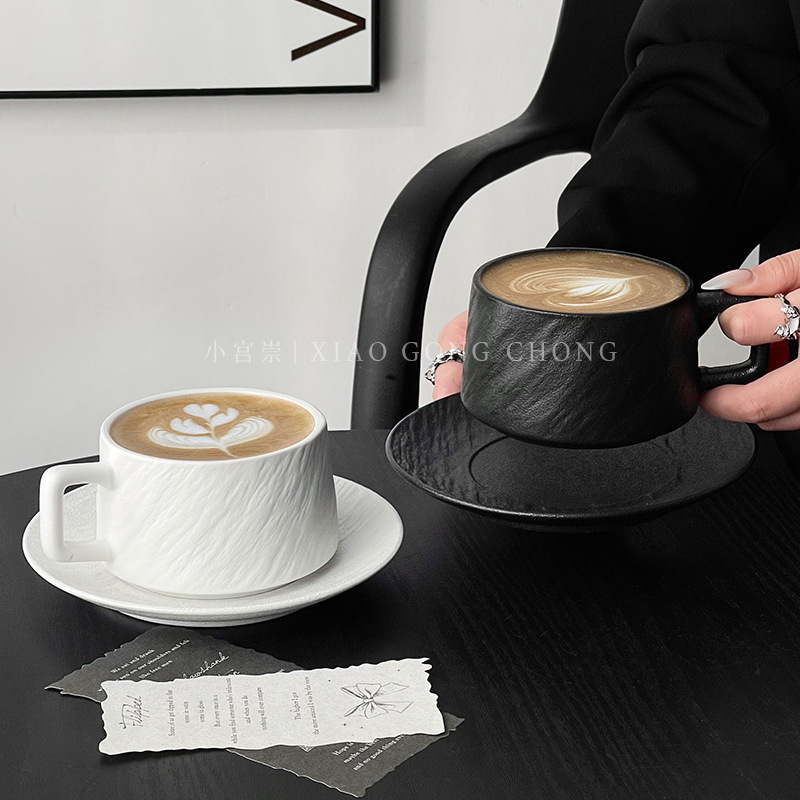 复古石纹咖啡杯高级感简约陶瓷杯精致拿铁拉花杯卡布奇诺摩卡杯碟