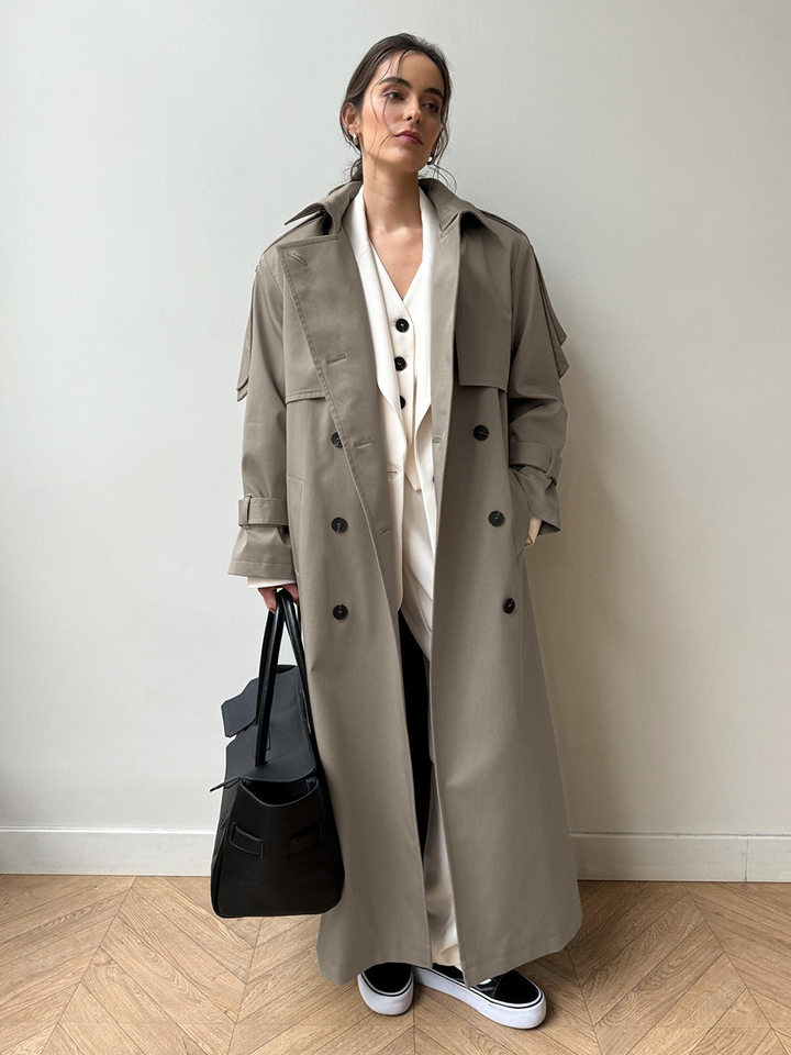 Áo khoác trench coat nữ dáng dài phong cách Âu Mỹ, chất liệu cotton, form rộng có dây thắt eo — Màu kaki, màu xám chi tiết 38