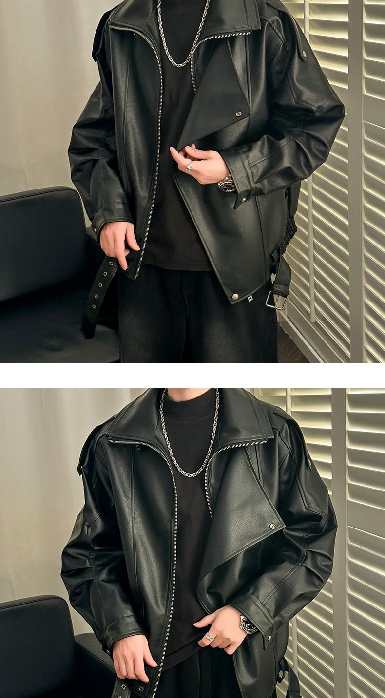 Men's Leather Jacket With Shoulder Pads And Lapel High-end Style_voghion.com