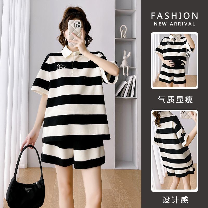 Summer Short-sleeved Pregnant Women's Two-piece Loose Korean-style Fashionable Mom's Striped Belly Covering Top Pregnant Women's Summer Suit