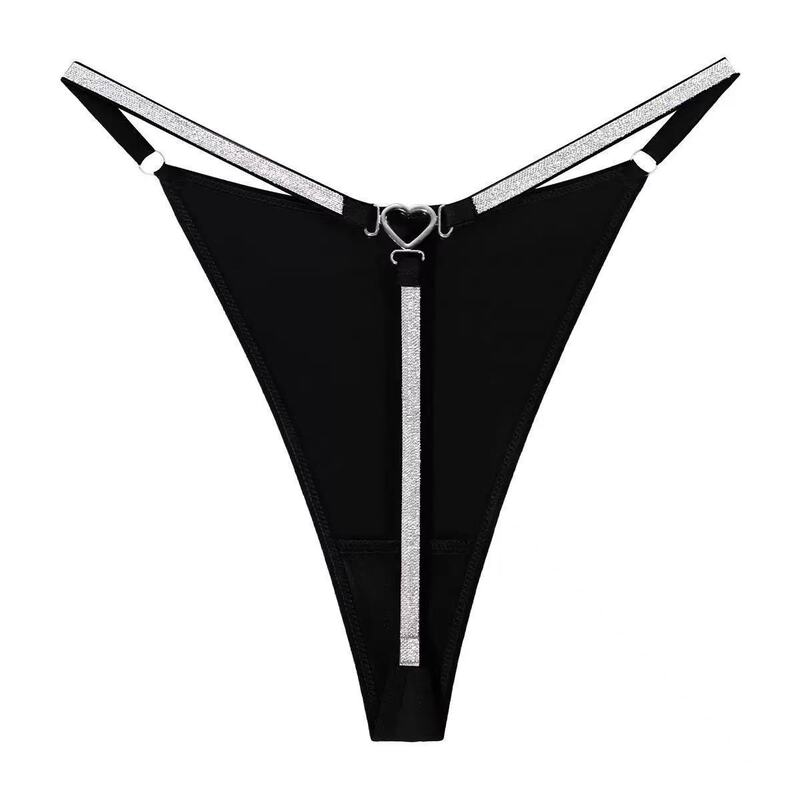 European and American Sexy Underwear with Heart Decoration, Silver Ribbon and Fine Diamonds, One-Piece Comfortable Low-Waist Women's Thong in Stock