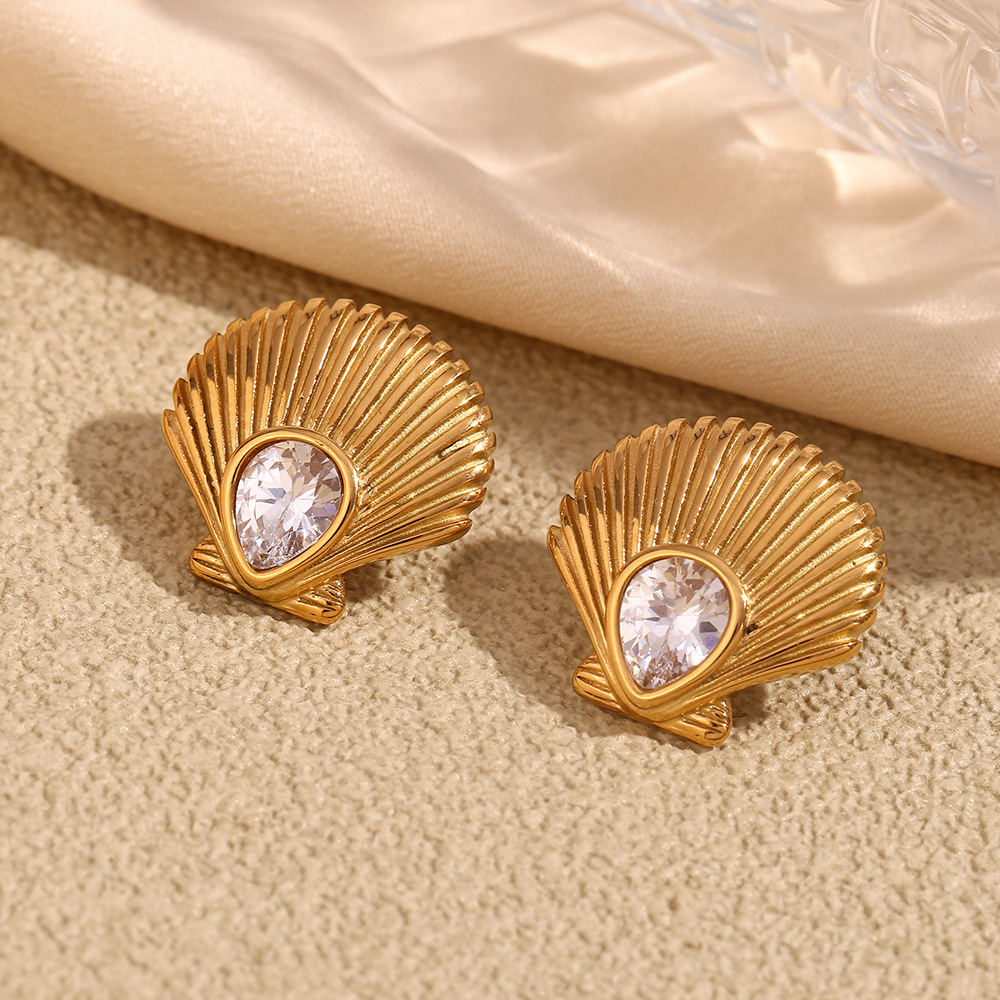 Zircon Inlaid Shell Stainless Steel Earrings