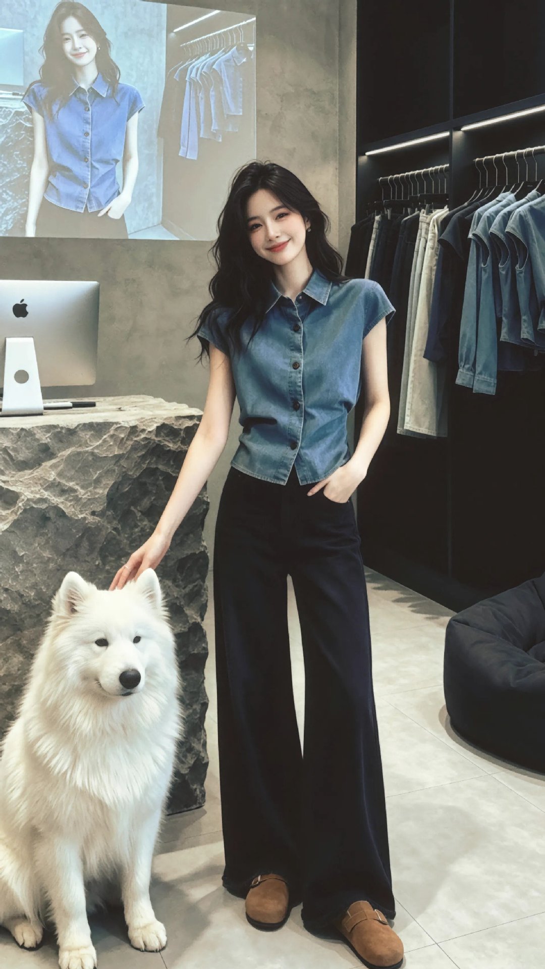 Áo sơ mi nữ cổ lật xanh denim tay bèo nhỏ eo thon — màu xanh nhạt chi tiết 2