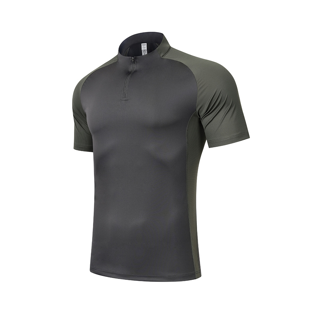 Camiseta deportiva de secado rápido al aire libre de verano para hombres con cuello vertical y medio cremallera, trajes de gimnasio para hombres sueltos, entrenamiento de correr de manga corta