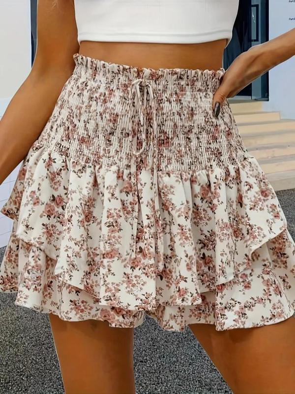 2025 New Cross-Border Dropshipping Women's Floral Print Ruffled Swing Layered Shorts Cross-Border Dropshipping