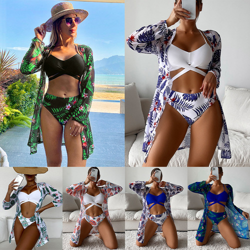 2024 New European and American Style Three-Piece Chiffon Floral Kimono Open-Front Long-Sleeve Swimsuit Cover-Up Bikini for Women