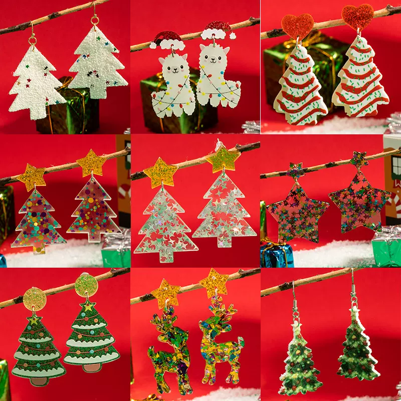 跨境爆款亚克力圣诞节流苏派对羊驼耳环圣诞树耳钉亮片麋鹿耳坠