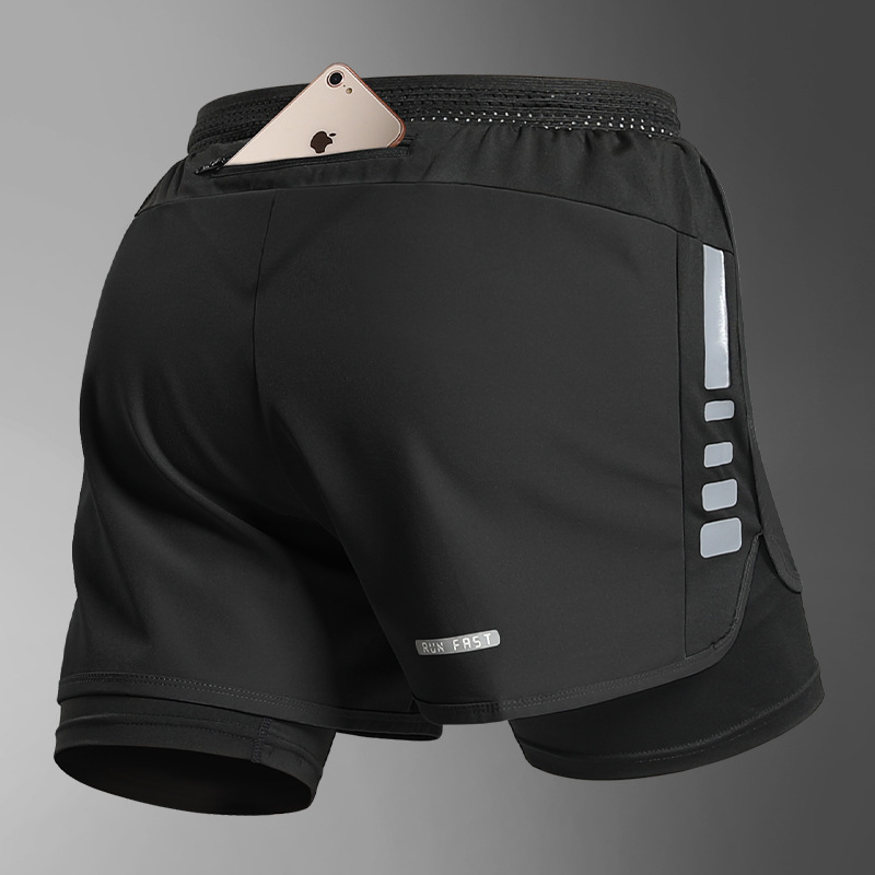 Pantalones cortos deportivos de hielo de tres puntos para hombres, pantalones de maratón de atletismo y acondicionamiento físico para verano, seco rápido y teléfono móvil