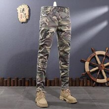 春季水洗机车拼接迷彩牛仔裤男款韩版潮流弹力修身休闲长裤潮牌潮