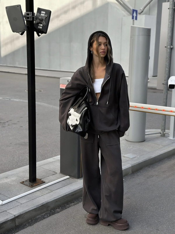 欧美跨境街头风休闲套装纯色长袖拉链连帽衫外套系带阔腿裤二件套|undefined
