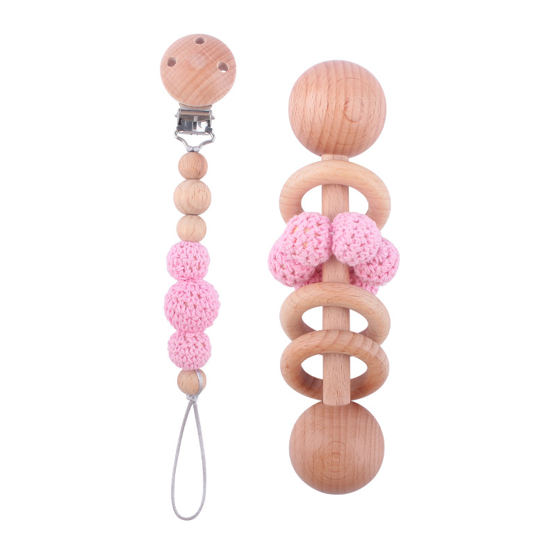Nuevo bebé suministros Beech Rattle teether juguete calmante bebé bola de lana cuentas de madera pezón cadena traje