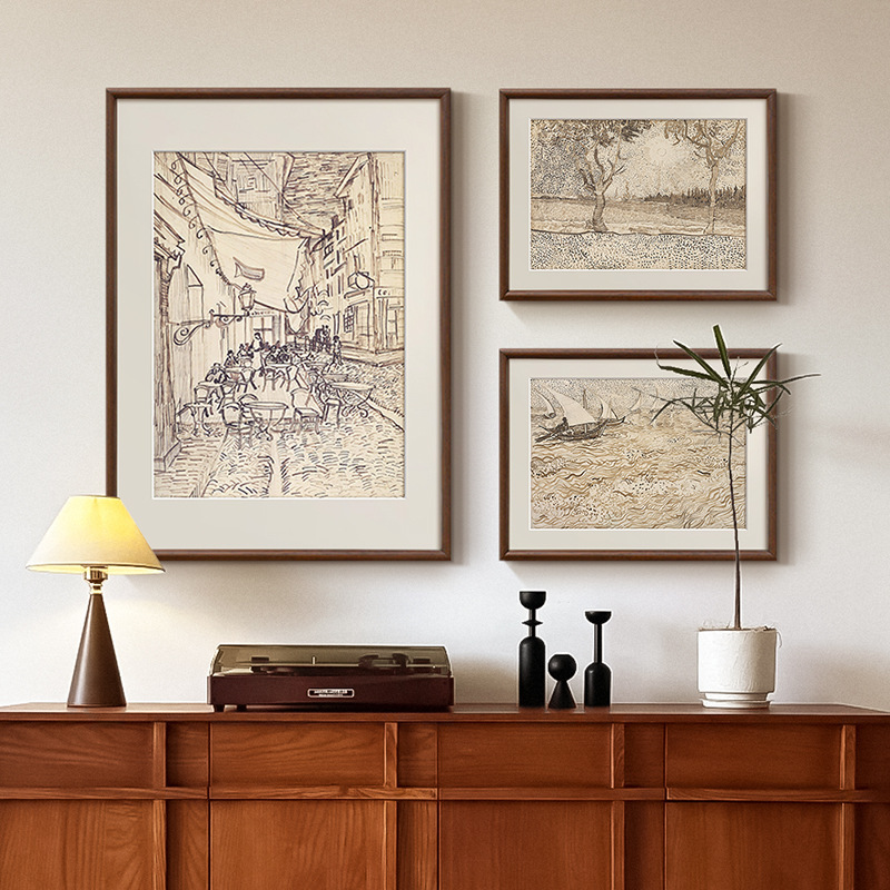 梵高素描风景画组合画法式复古艺术客厅装饰画中古风玄关斗柜挂画|undefined