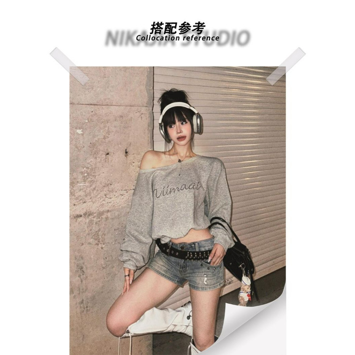 [260g 薄手スタイル] ホットダイヤモンドオフショルダー斜め肩長袖スウェットシャツレディースルーズショートホットガールトップ