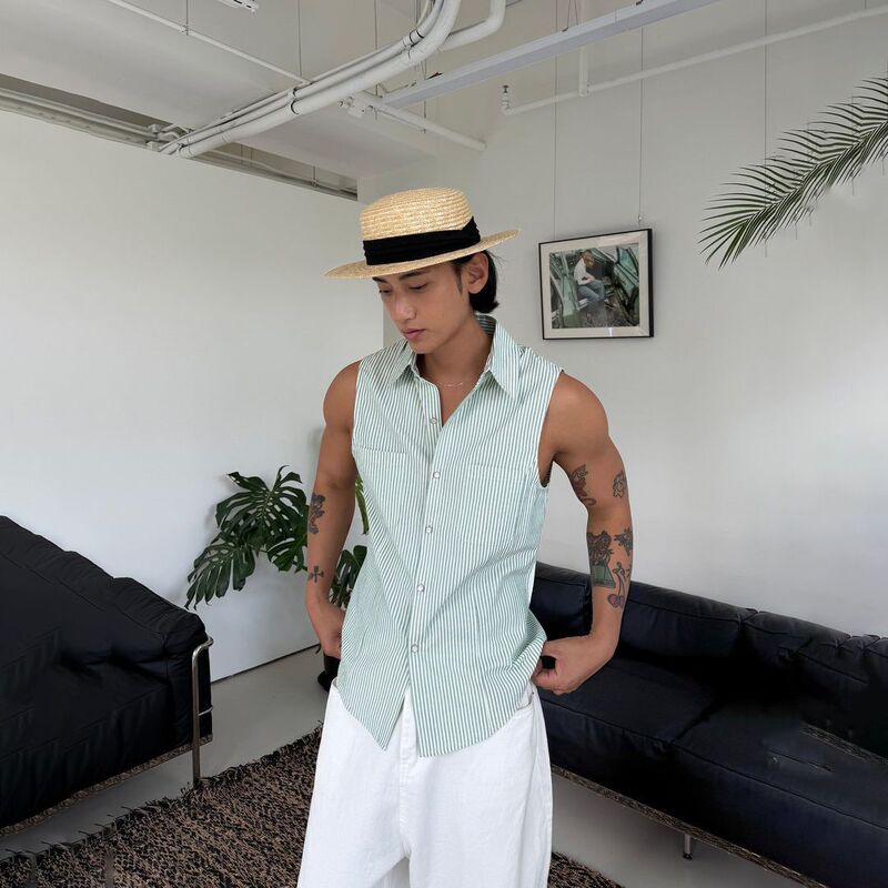 Loose Sleeveless Men's Summer Fashion Contrast Striped Design Short-Sleeve Shirt Trendy Simple Versatile Men's Top Loose Sleeveless Men's Summer Fashion Contrast Striped Design Short-Sleeve Shirt Trendy Simple Versatile Men's Top