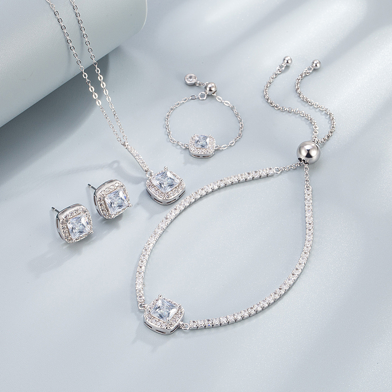 1g Weight Zircon Inlay Material Jewelry Set Classification Jewelry Set Quantity Daily Occasion 925 Sterling Silver Material Geometric Pattern Women's Gender Elegant, Simple Style Style Sterling Silver S925 Pink Square Jewelry   Necklace Ear Stud Ring Silver Jewelry Set 1