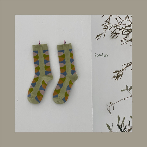 IOULOR三色格子袜子女春夏新款绿色半圆日系ins潮袜厂家批发