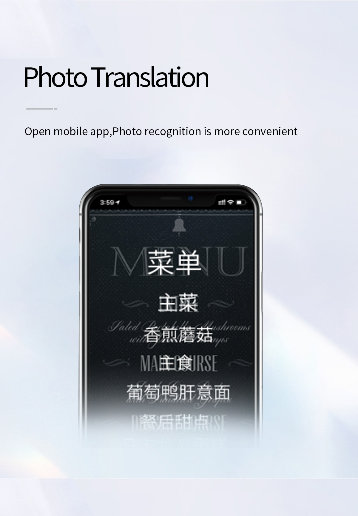 The X9 translator features voice synchronization translation, mutual translation, cross-border multi-language photography, travel and audio recording for offline use Item Picture