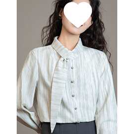 法式设计小众条纹飘带衬衫女春夏2026新款高级感休闲港风复古上衣