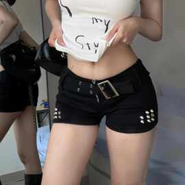 黑色铆钉短裤牛仔修身超短裤新款夏季辣妹低腰设计弹力显瘦热裤潮