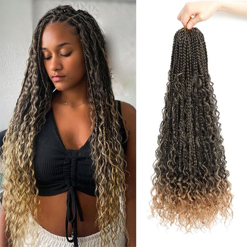 跨境欧美化纤假发Box Braids Bohemian Curly三股辫飞子钩针发辫|undefined