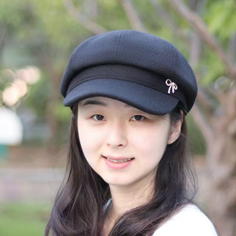 百搭秋冬報童帽大頭圍八角帽復古貝雷帽純色帶裝飾時裝女帽潮流