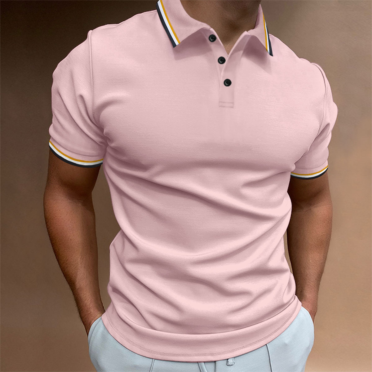 Nueva camisa de polo casual de los hombres de Amazon transfronteriza costilla solapa Botón de negocios de color sólido todo partido camiseta superior