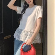 韩系甜美蕾丝拼接圆领短袖T恤女2025夏季减龄百搭气质打底上衣批