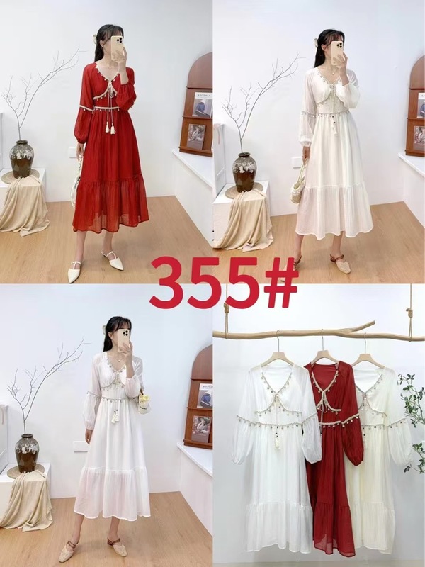 202新款度假风V领订珠花边宽松灯笼袖连衣裙长裙|undefined