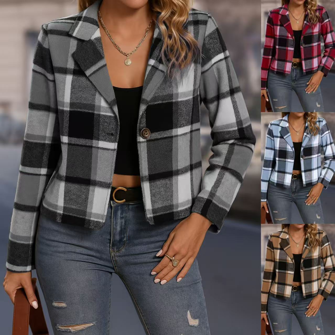 跨境欧美新款秋冬夹克外套女休闲气质女装高级感格纹短款小西装