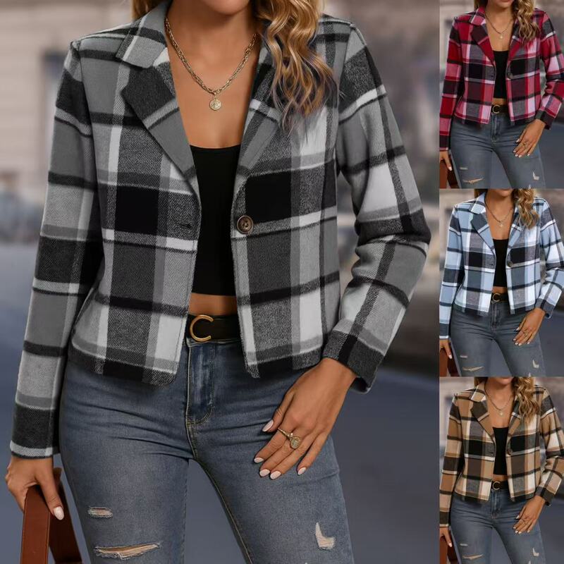 Cross-Border European and American New Autumn and Winter Jackets for Women, Casual Elegant Women's High-End Plaid Short Suits
