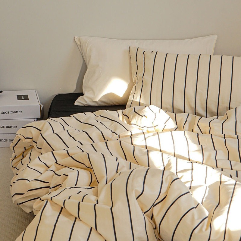 Scandinavian Ins Style Mixed and Matched Stripesd High-End Bed Bed Sheetss and Fitted Bed Sheetss Pure Cotton Four-Piece Set 100 Cotton Six-Piece Set for Naked Sleeping