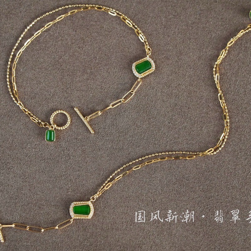Guofeng trendy 18K gold diamond double-layer imperial green bracelet au750 gold natural jade diamond jewelry wholesale