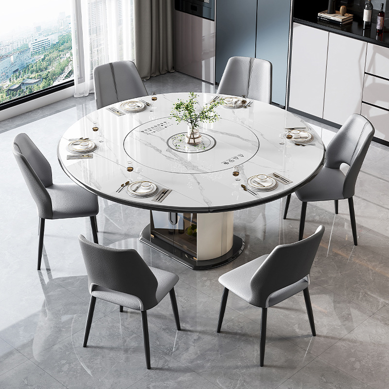 Slate Dining Table That Folds into a Round Table, Dining Table and Chair Set with Hot Pot, Induction Cooker, Warming Plate, and Storage Cabinet, Light Luxury