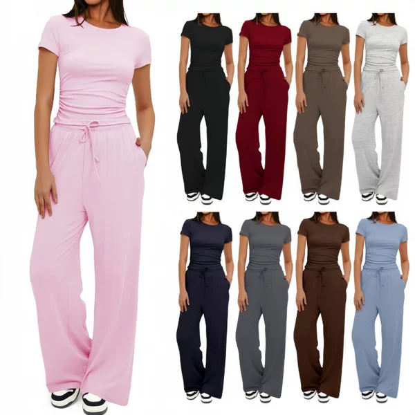 2026 Cross-Border European and American Amazon New Product Solid Color Casual Long-Sleeve Set Top High-Waisted Wide-Leg Pants Sportswear