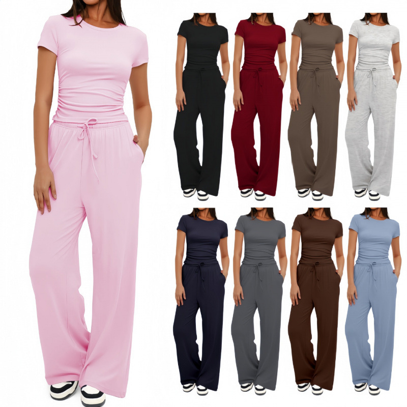 2026 Cross-Border European and American Amazon New Product Solid Color Casual Long-Sleeve Set Top High-Waisted Wide-Leg Pants Sportswear