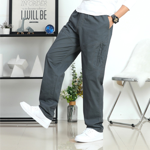 Pure Cotton Casual Pants Men's Thin Work Pants Men with Multiple Pockets Loose Straight Leg Large Size Outdoor Long Pants