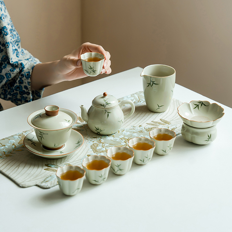 手绘筱竹盖碗茶壶茶杯轻奢高档功夫茶具套装家用客厅陶瓷2024新款