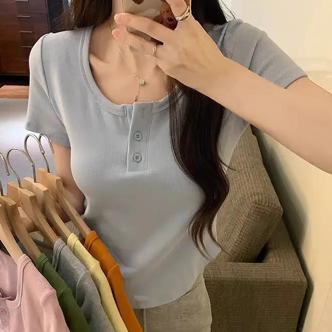 设计感小众方领短袖t恤女韩版别致不规则弧形体恤夏季半开领上衣|undefined