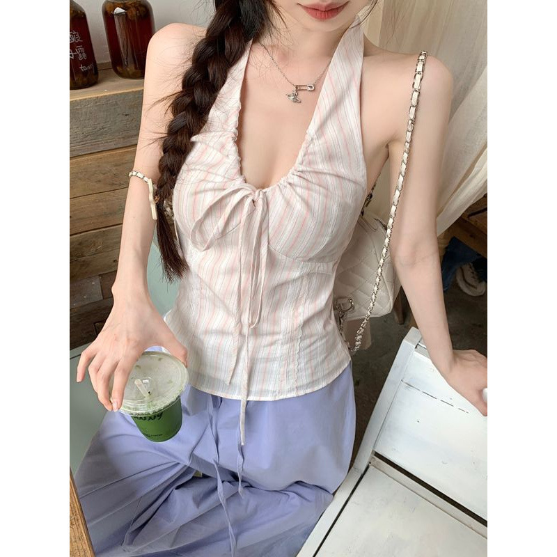 粉色V领系带挂脖背心女2025夏季新款甜辣妹小众修身显瘦无袖上衣|undefined