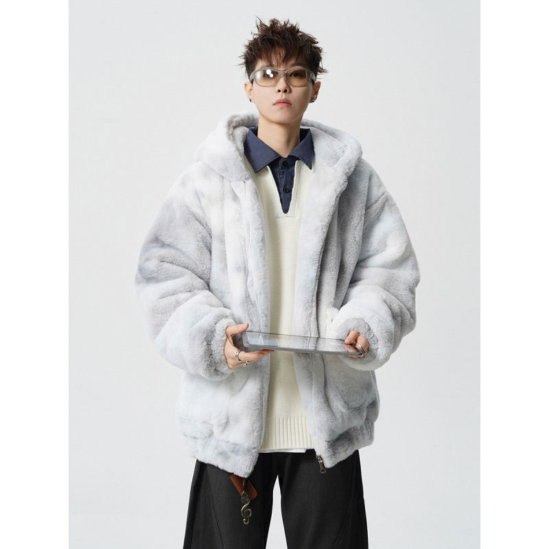 2025 Lamb Wool Cotton Coat National Trend Tie-Dye Couple Plus Size M-5Xl Plush Jacket Men's Coat