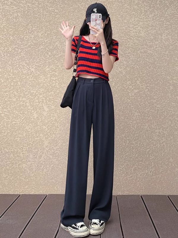 定制跨境垂感西装裤女夏季2025新款高腰显瘦宽窄休闲直筒冰丝阔腿|undefined